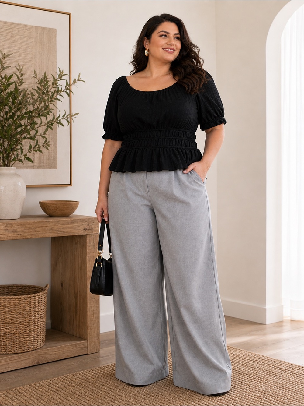 Maeve 3X Black Smocked Peplum Top with Banana Republic Light Gray Wide-Leg Pants - Picture 3 of 10